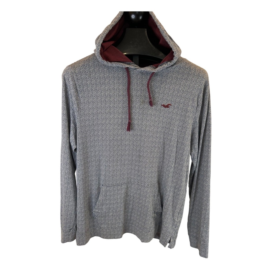 Hollister Mens Hoodie Gray Herringbone Pocket Hooded Sweatshirt Size‎ M